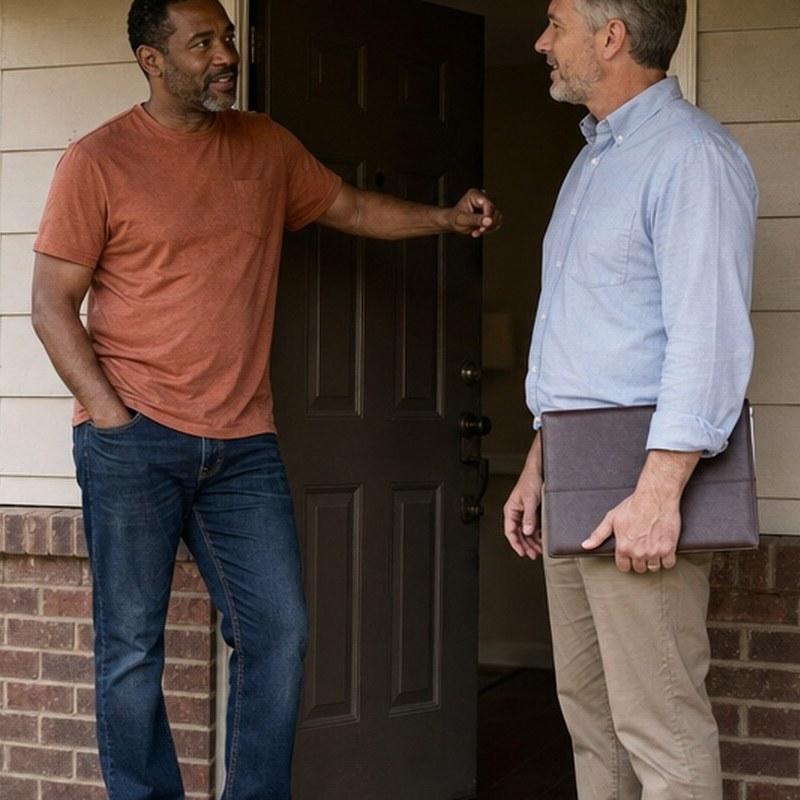 Landlord talking with a tenant at the front door of a rental home