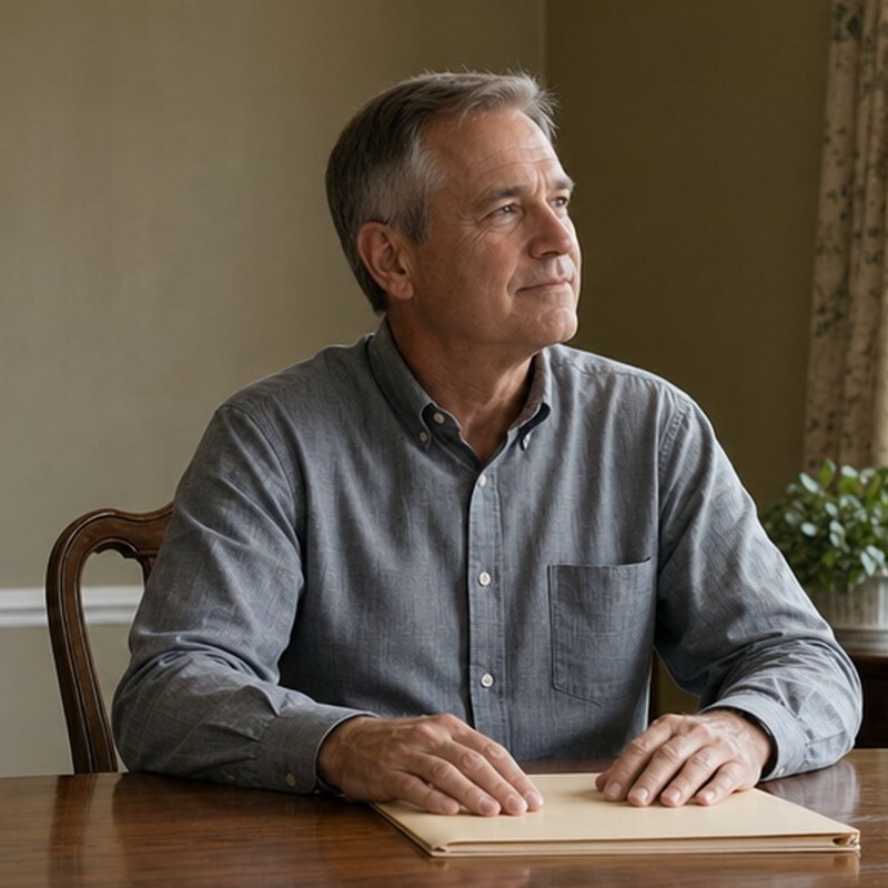 Man sitting at the dining table in his late parent's home