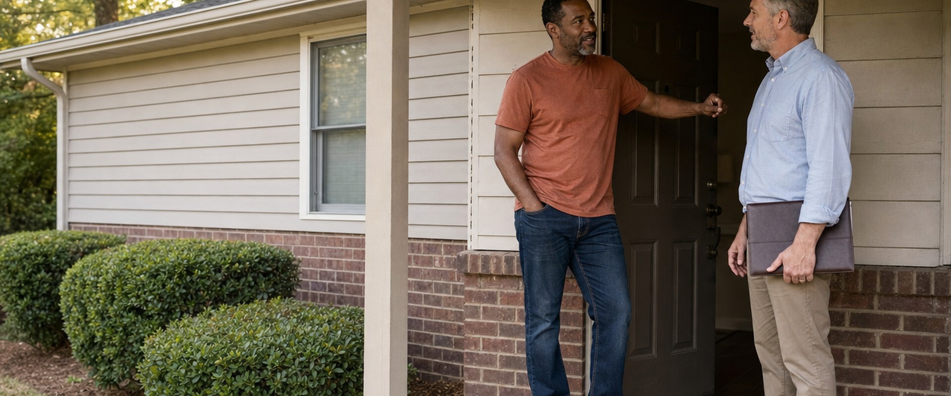 Landlord talking with a tenant at the front door of a rental home