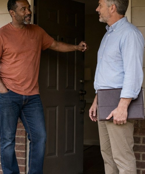 Landlord talking with a tenant at the front door of a rental home