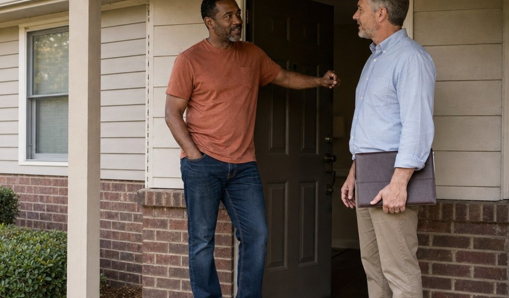 Landlord talking with a tenant at the front door of a rental home