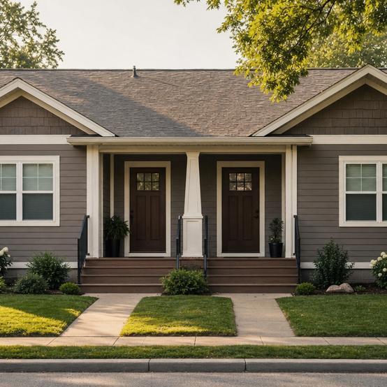 Exterior of a duplex rental property with two front doors