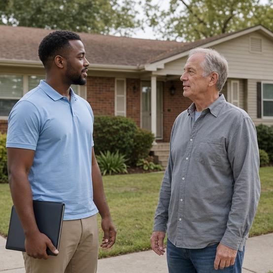 Cash home buyer talking with a property owner in front of a rental house