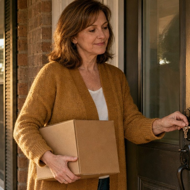 Homeowner locking the front door of her house for the last time after selling