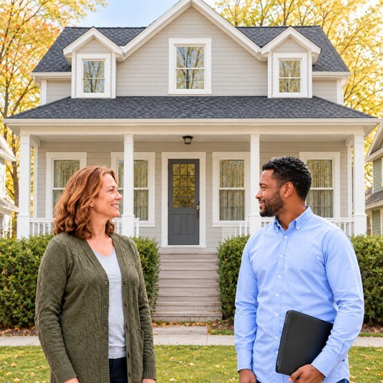 Homeowner talking with a home buyer in front of a two-story frame house with a full-width front porch in South Bend, Indiana