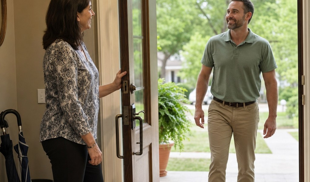 Homeowner opening her front door to welcome a SellMyHouse.co cash home buyer