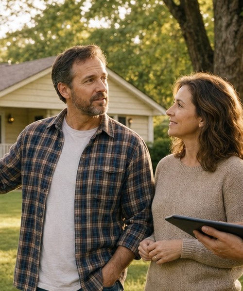 Landlord couple talking with a SellMyHouse.co buyer in front of their brick rental home