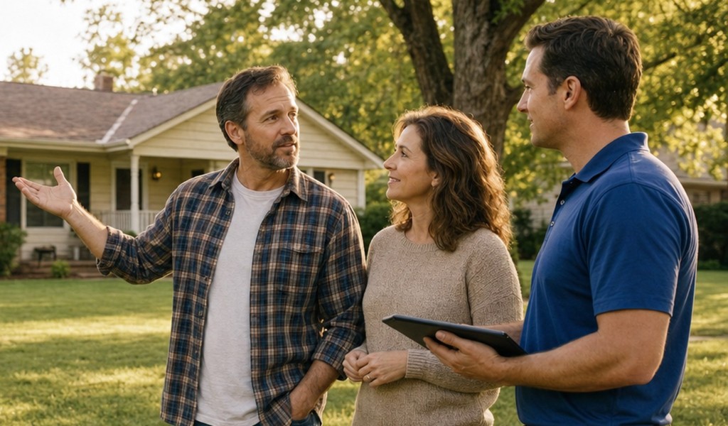 Landlord couple talking with a SellMyHouse.co buyer in front of their brick rental home