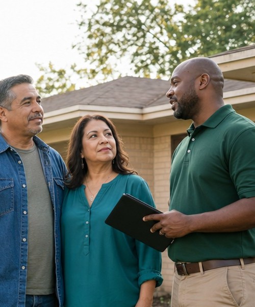 Homeowner couple talking with a SellMyHouse.co buyer outside their brick ranch home