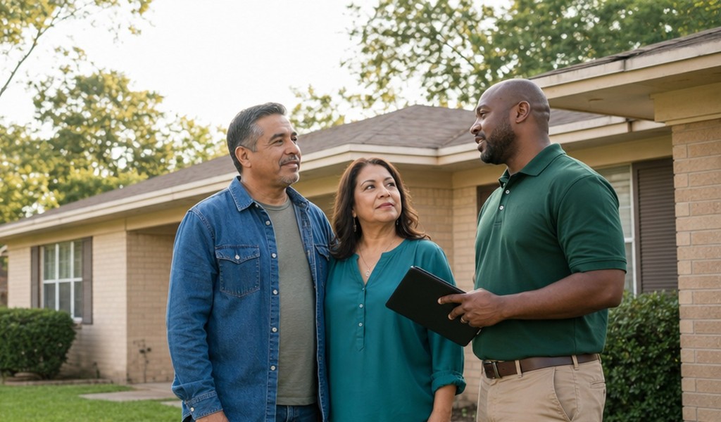 Homeowner couple talking with a SellMyHouse.co buyer outside their brick ranch home