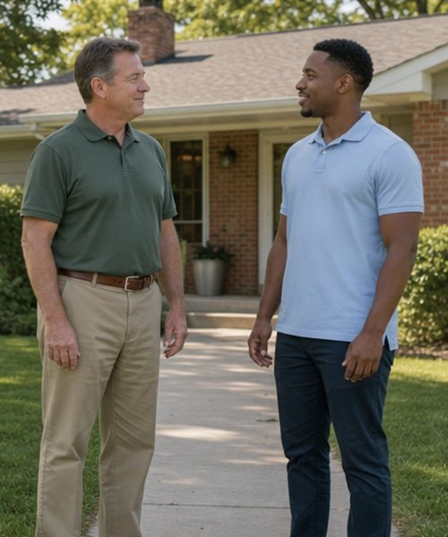 Homeowner talking with a cash home buyer in front of his house