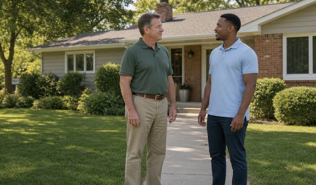 Homeowner talking with a cash home buyer in front of his house