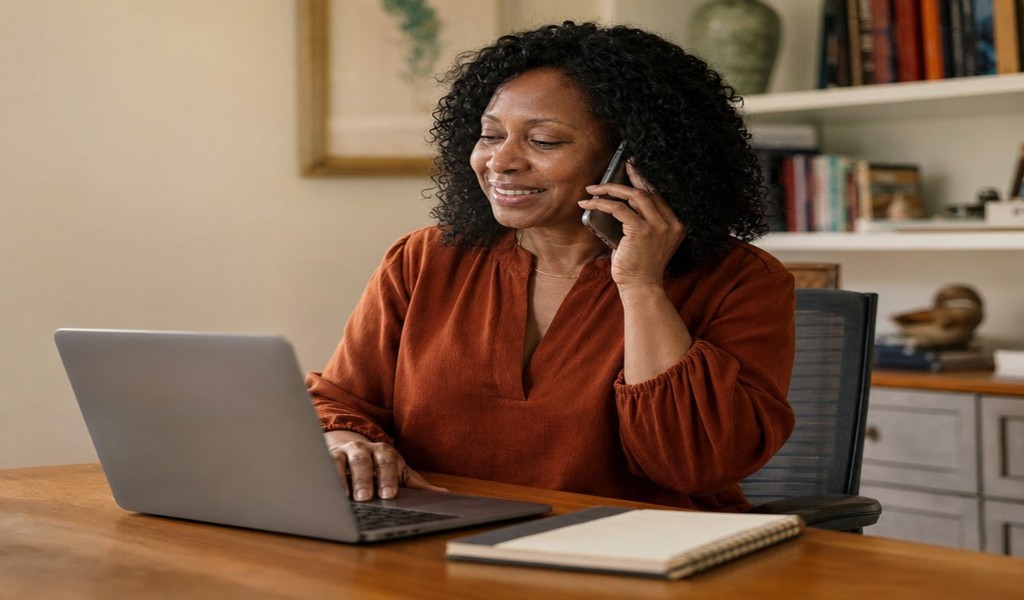 Homeowner smiling on the phone at her laptop while contacting SellMyHouse.co