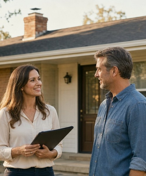 Homeowner talking with a SellMyHouse.co buyer outside his brick home