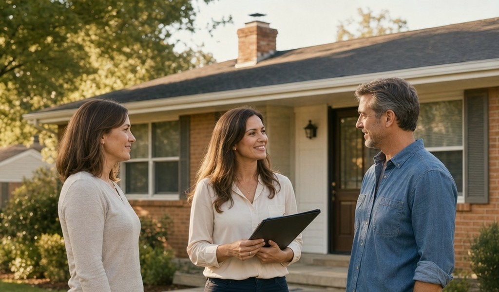 Divorcing couple standing apart while talking with a SellMyHouse.co buyer outside their brick home