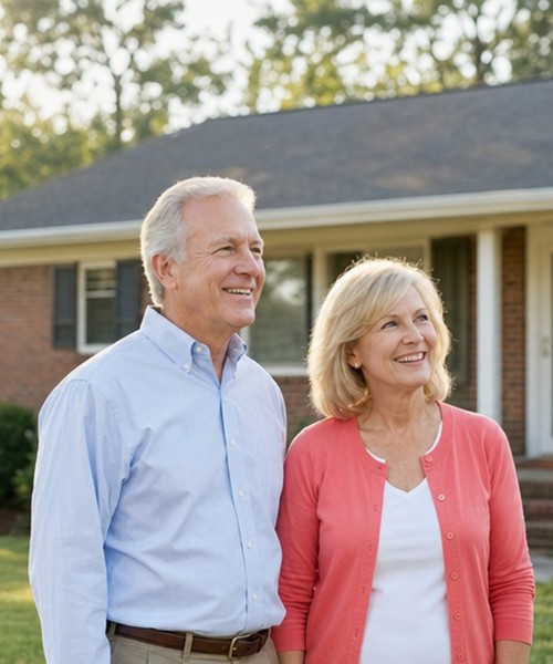 Retired couple standing outside the brick home they are downsizing from