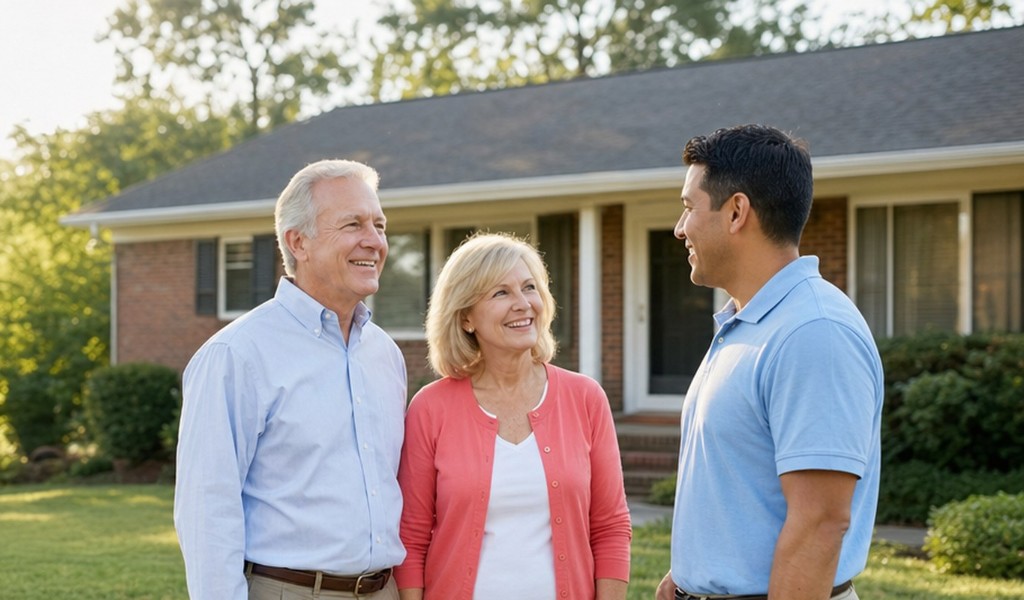 Retired couple talking with a SellMyHouse.co buyer outside the brick home they are downsizing from