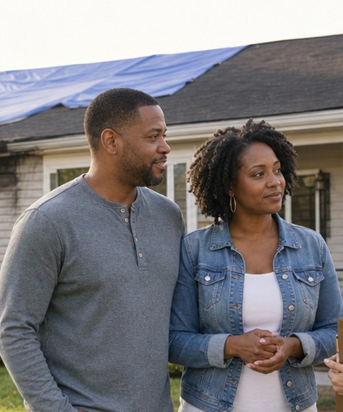 Homeowner couple standing outside their fire-damaged house with a tarp on the roof