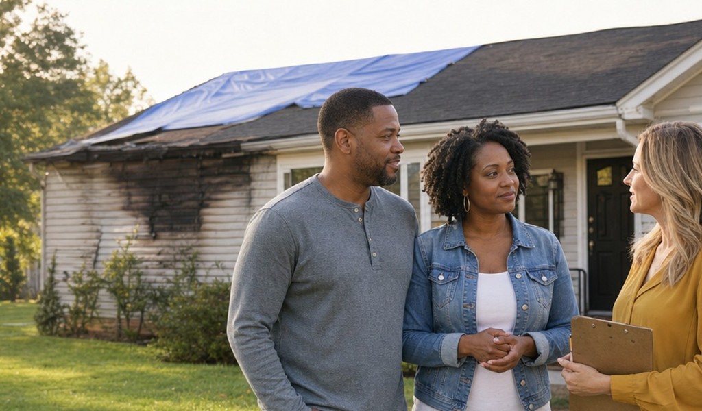 Homeowner couple talking with a SellMyHouse.co buyer outside their fire-damaged house with a tarp on the roof