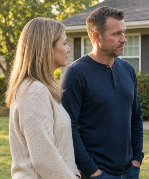 Homeowner couple facing foreclosure standing outside their house