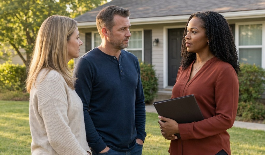 Homeowner couple facing foreclosure talking with a SellMyHouse.co buyer outside their house