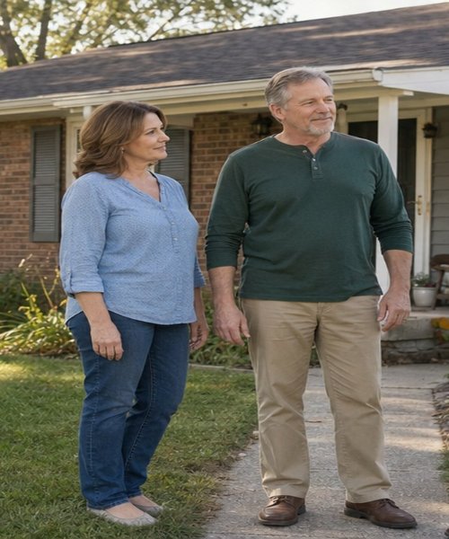 Homeowner couple standing outside their brick ranch house
