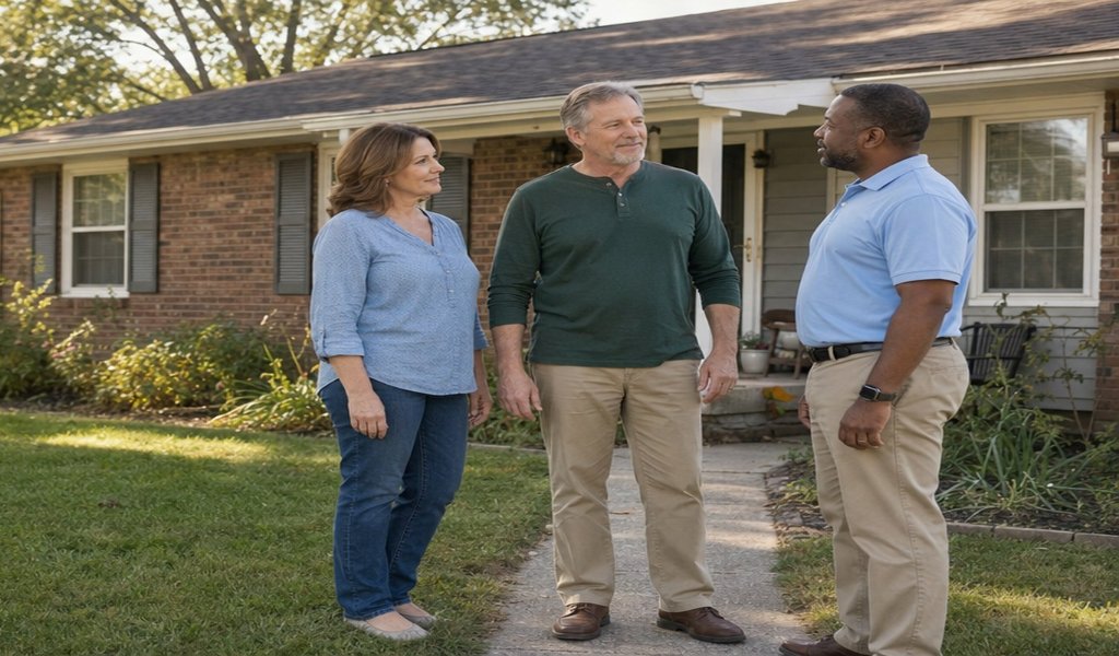 Homeowner couple talking with a cash home buyer outside their brick ranch house