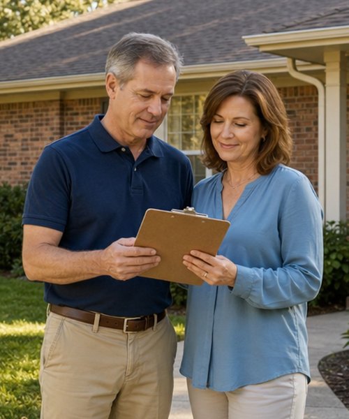 Homeowner couple reviewing a home selling checklist on a clipboard outside their brick house