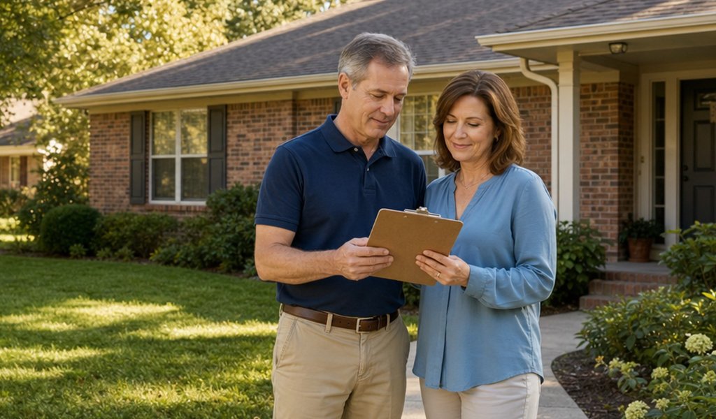 Homeowner couple reviewing a home selling checklist on a clipboard outside their brick house
