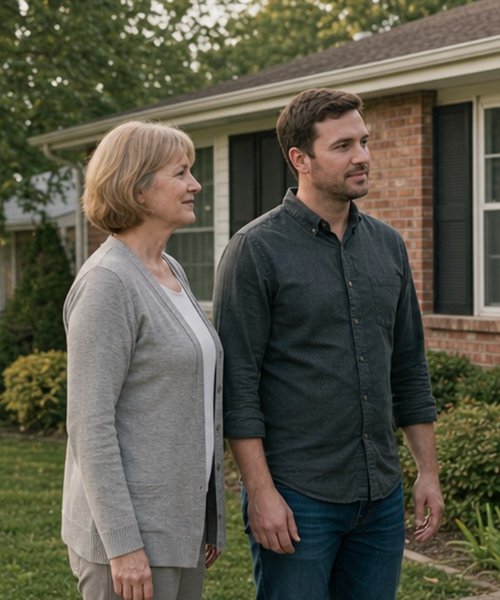 Mother and adult son standing outside an inherited brick house