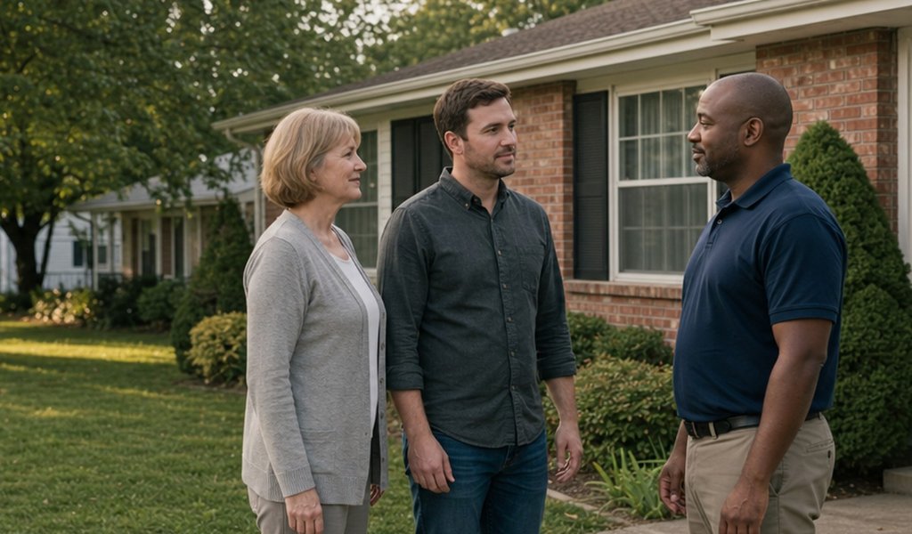 Mother and adult son talking with a cash home buyer outside an inherited brick house
