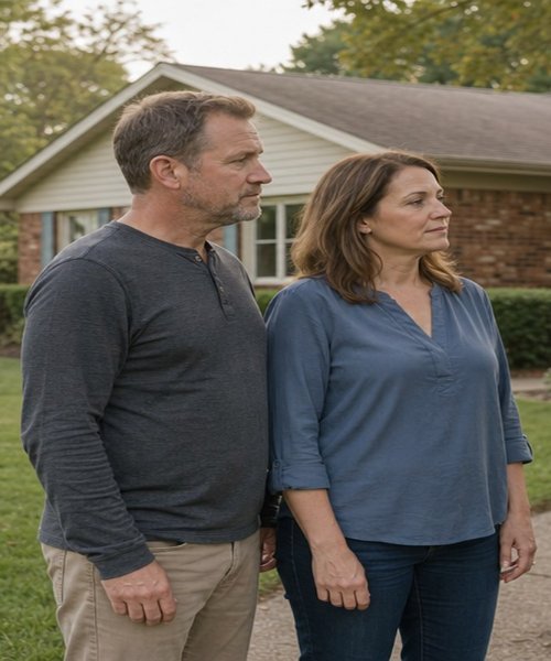 Homeowner couple standing in front of their brick ranch house