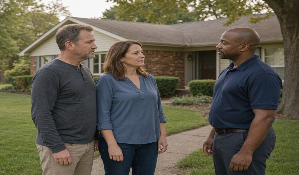 Homeowner couple talking with a cash home buyer in front of their brick ranch house