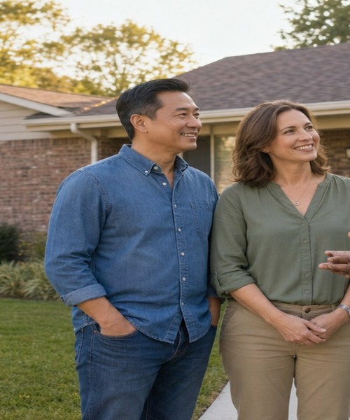 Homeowner couple standing outside their brick ranch home