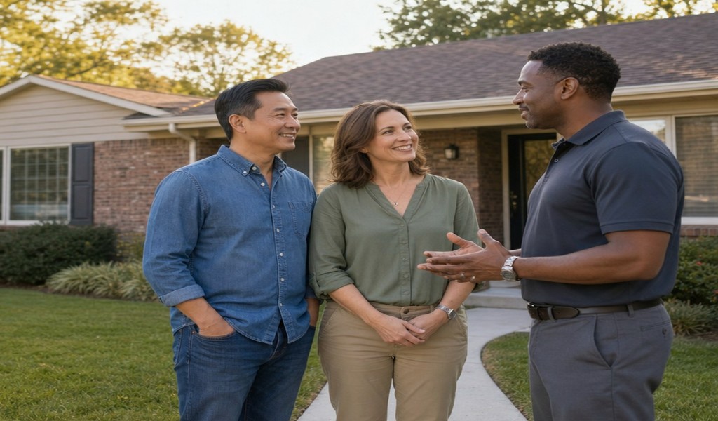 Homeowner couple talking with a SellMyHouse.co cash home buyer outside their brick ranch home