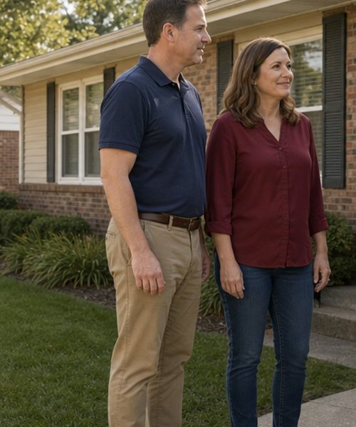 Homeowner couple standing in front of their brick house