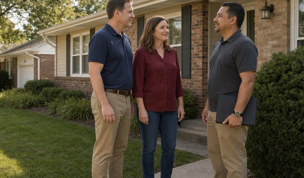 Homeowner couple talking with a cash home buyer in front of their brick house