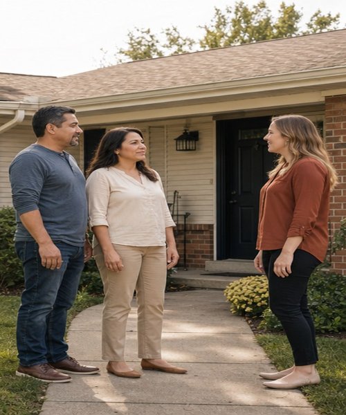 Homeowner couple talking with a cash home buyer outside a house with mold stains on the siding