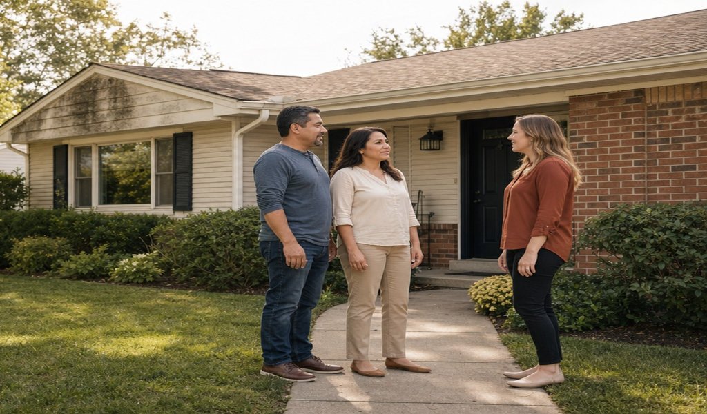 Homeowner couple talking with a cash home buyer outside a house with mold stains on the siding