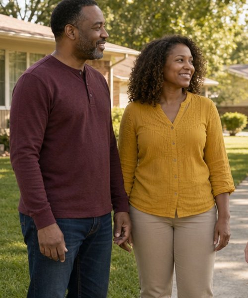 Homeowner couple standing outside their brick house