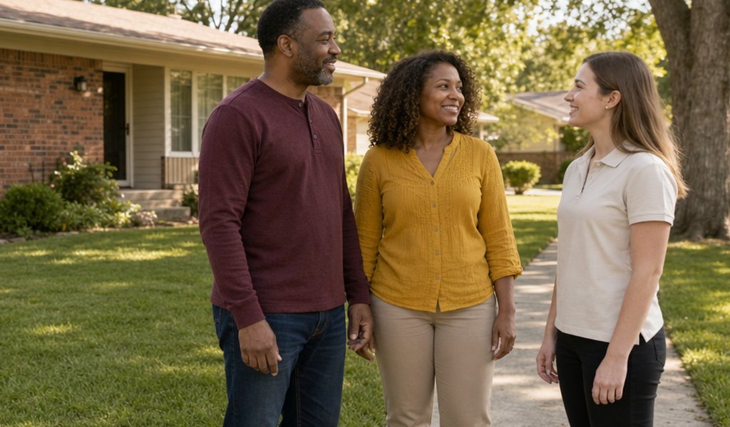 Homeowner couple talking with a local cash home buyer outside their brick house