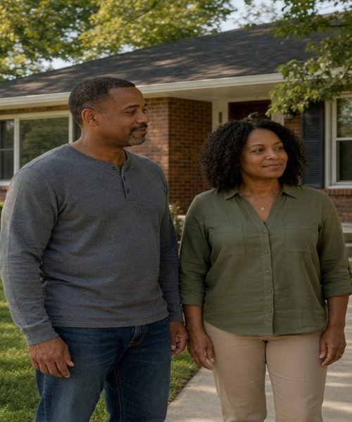 Homeowner couple standing in front of their brick house