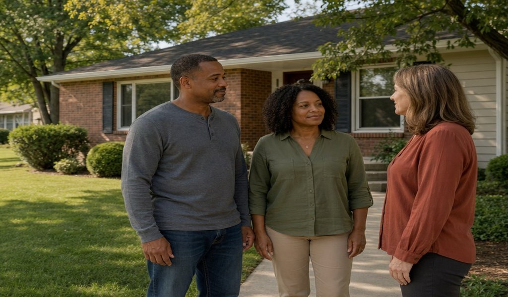 Homeowner couple talking with a cash home buyer in front of their brick house