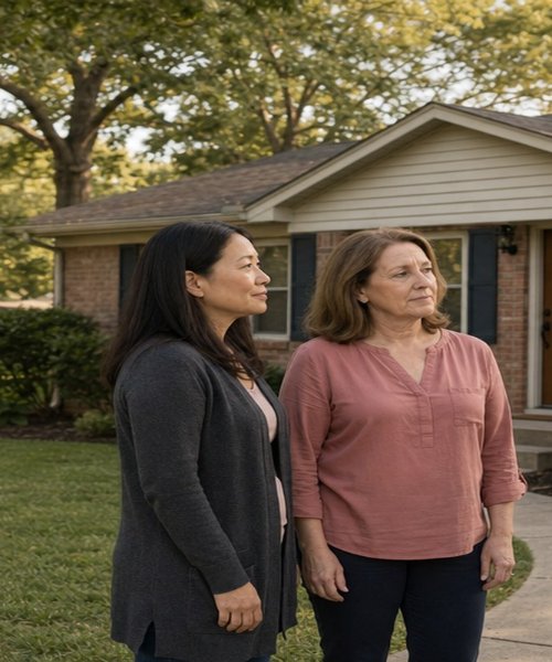 Two family members standing outside a brick ranch house