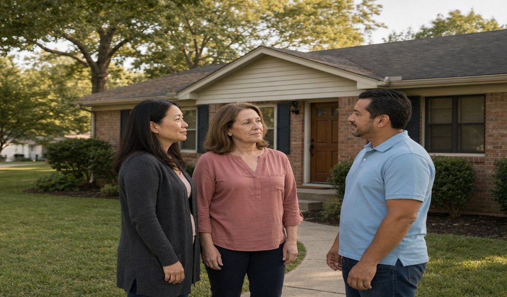 Two family members talking with a cash home buyer outside a brick ranch house