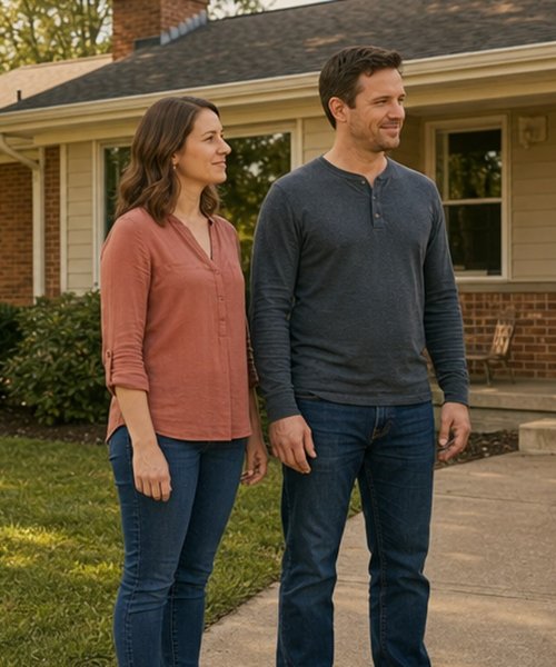Homeowner couple standing outside their brick house before relocating