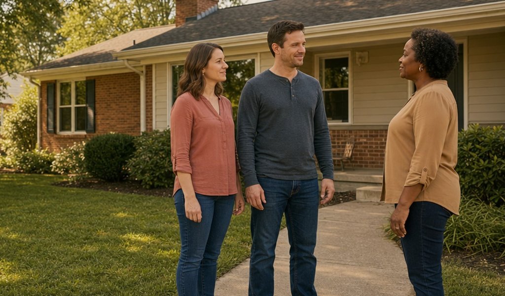Homeowner couple talking with a cash home buyer outside their brick house before relocating