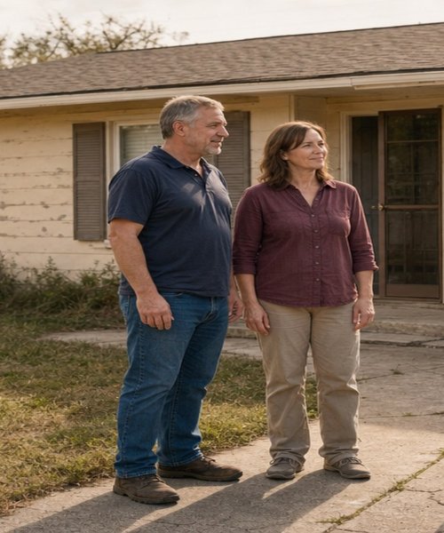 Landlord couple standing outside their worn rental property