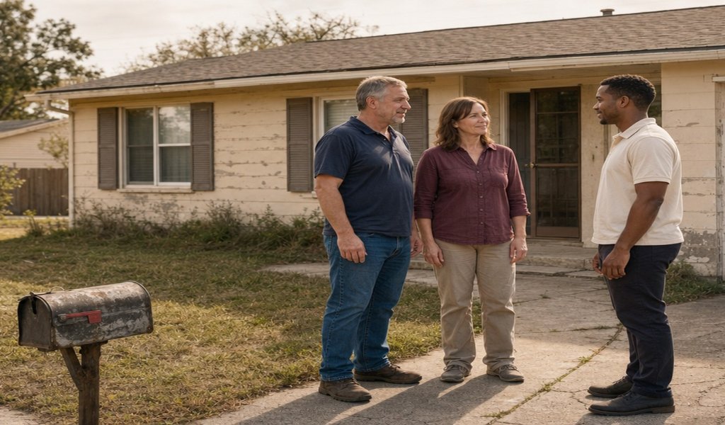 Landlord couple talking with a cash home buyer outside their worn rental property