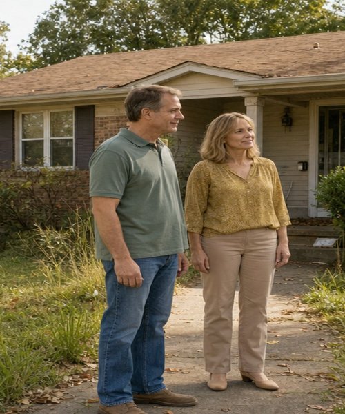 Homeowner couple standing outside their vacant house with an overgrown yard